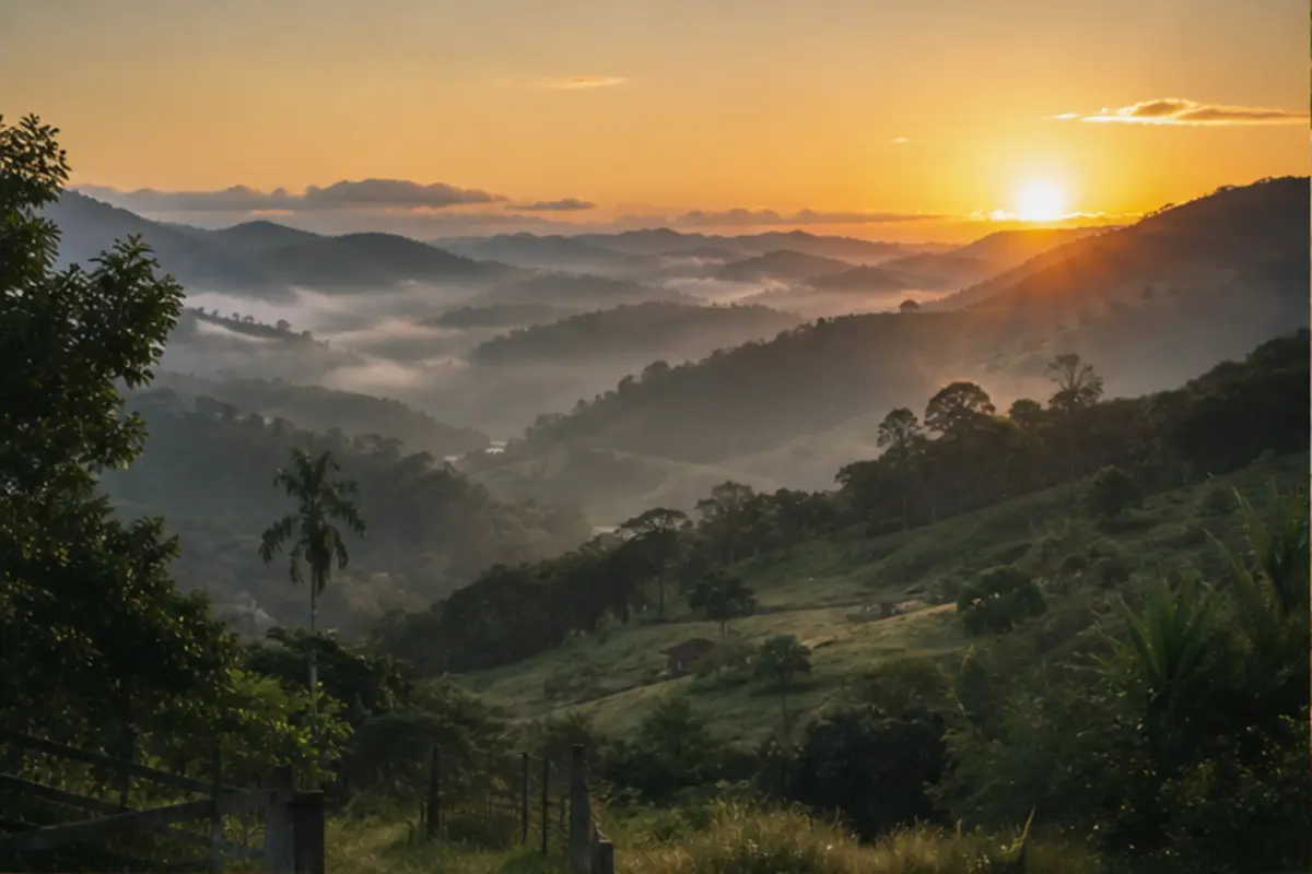 Paisagem serrana ilustrativa ao nascer do sol